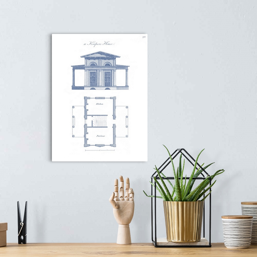 A bohemian room featuring Vertical decorative artwork of a simple keeper's house blueprint featuring an architectural drawing.
