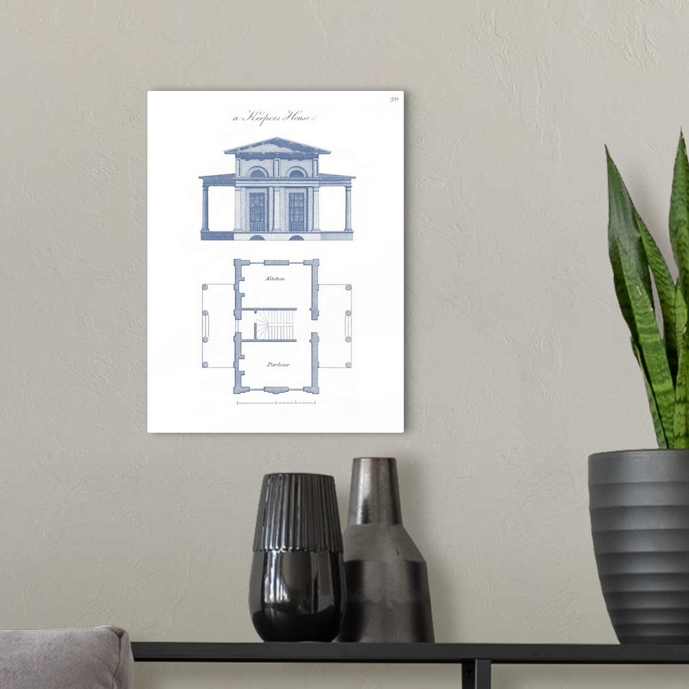 A modern room featuring Vertical decorative artwork of a simple keeper's house blueprint featuring an architectural drawing.
