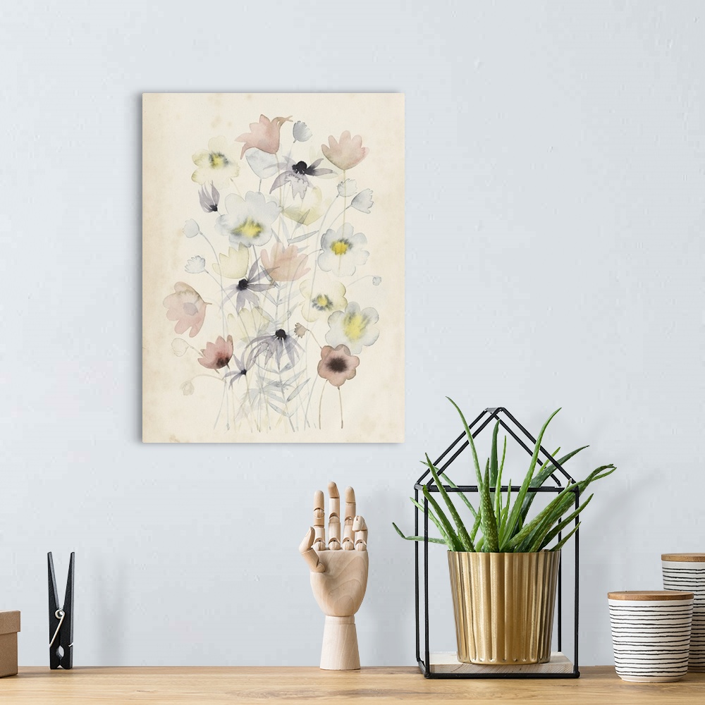 A bohemian room featuring A delicate watercolor painting of a faint flower bouquet in yellow, blue and red tones on a beige...
