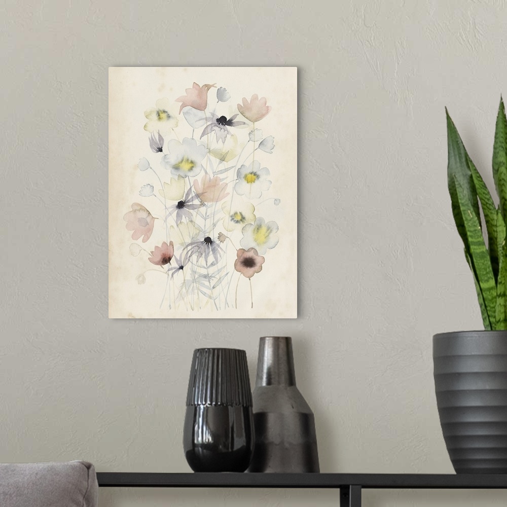 A modern room featuring A delicate watercolor painting of a faint flower bouquet in yellow, blue and red tones on a beige...