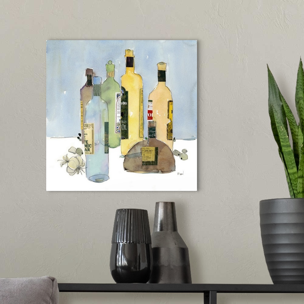 A modern room featuring Decorative kitchen artwork with bottles of different cooking oils and garlic and olives on the ta...