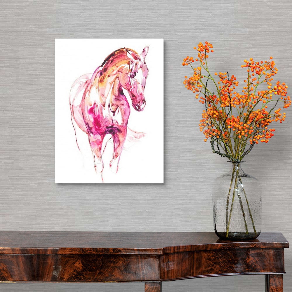 A traditional room featuring Watercolor painting of a horse created with pink, purple, and orange hues on a white background.