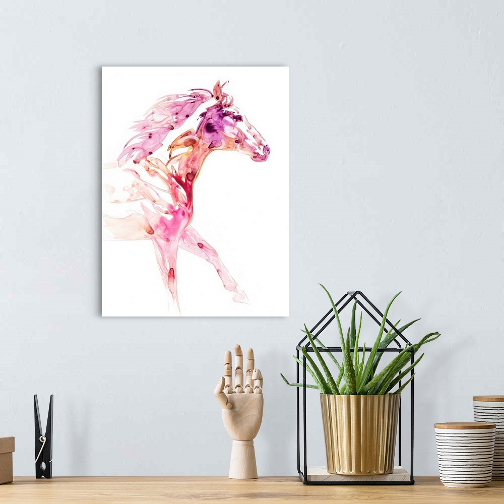 A bohemian room featuring Watercolor painting of a horse created with pink, purple, and orange hues on a white background.