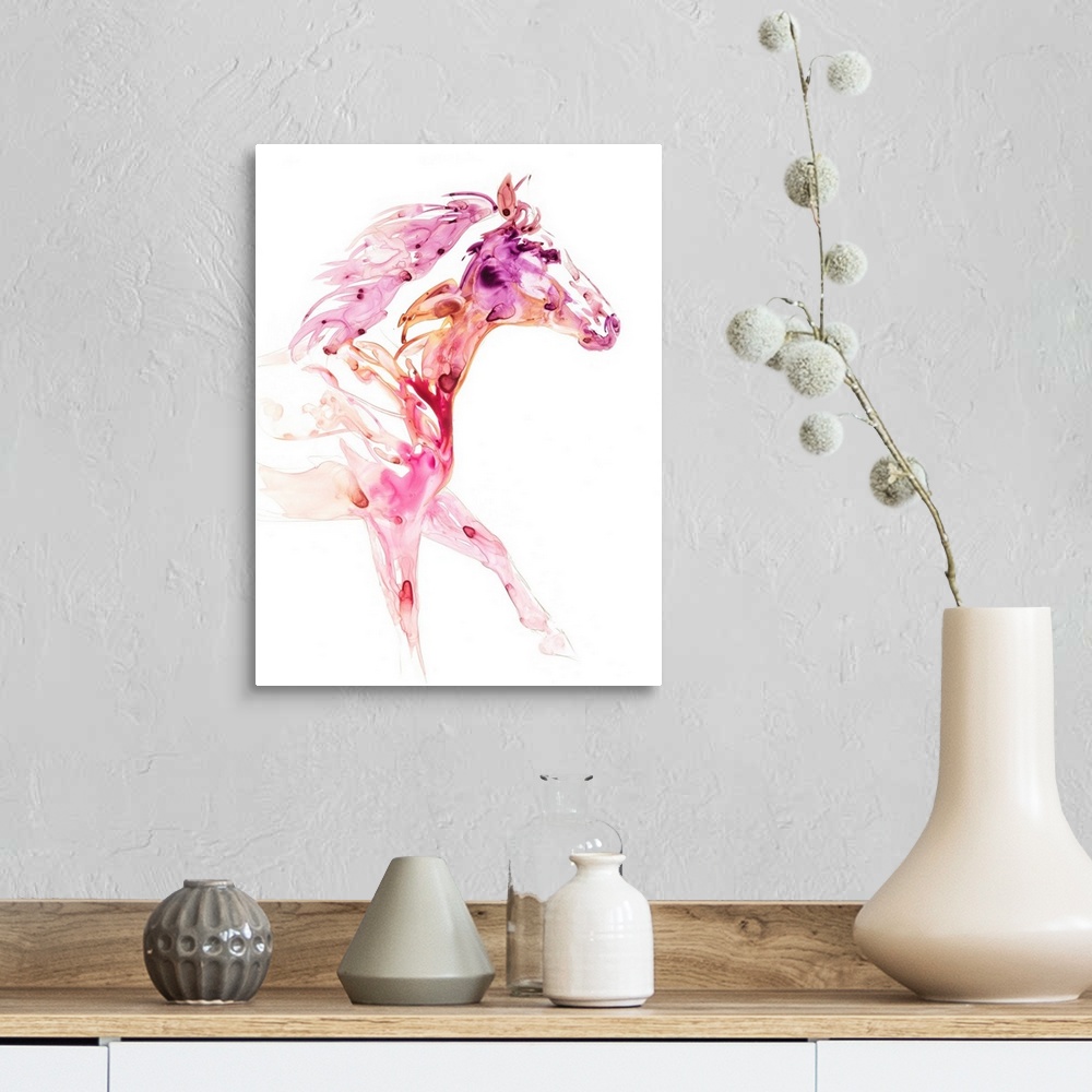 A farmhouse room featuring Watercolor painting of a horse created with pink, purple, and orange hues on a white background.