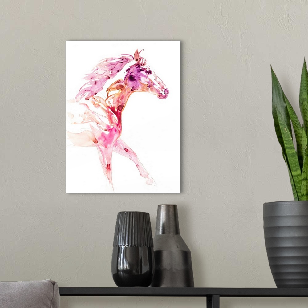 A modern room featuring Watercolor painting of a horse created with pink, purple, and orange hues on a white background.