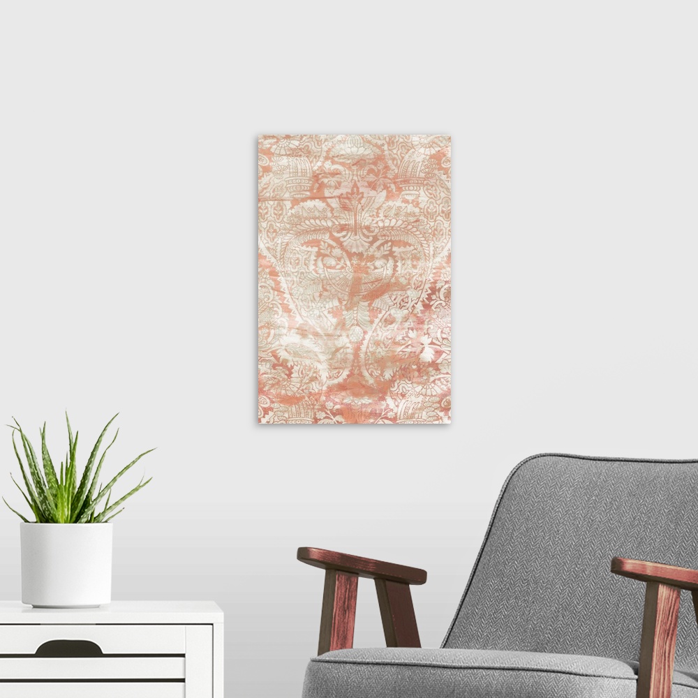 A modern room featuring Vertical creative design of a white and peach floral design with a distressed appearance.