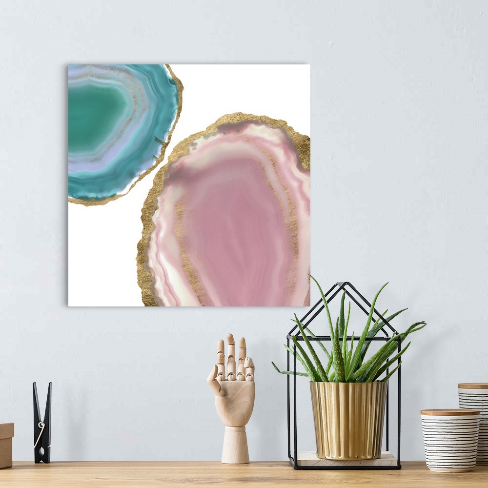 A bohemian room featuring Decorative square art with teal and pink agate that has a metallic gold outline, on a white backg...
