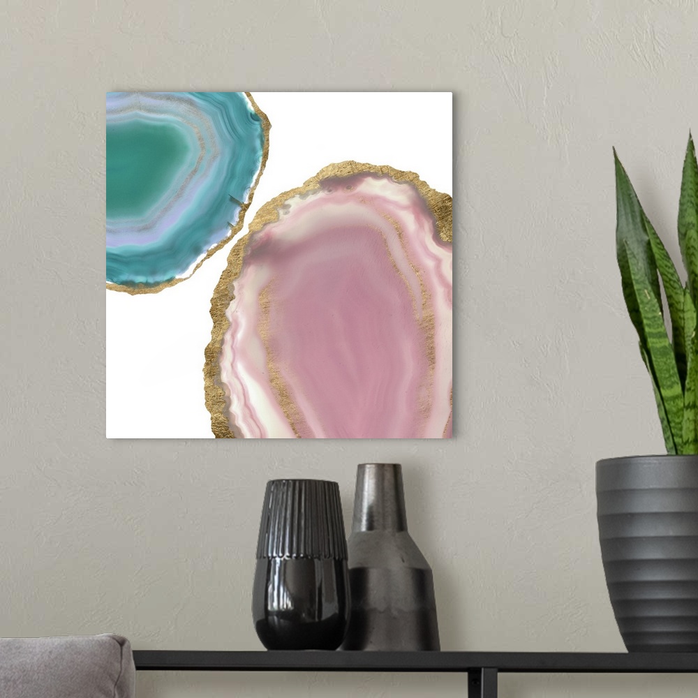 A modern room featuring Decorative square art with teal and pink agate that has a metallic gold outline, on a white backg...