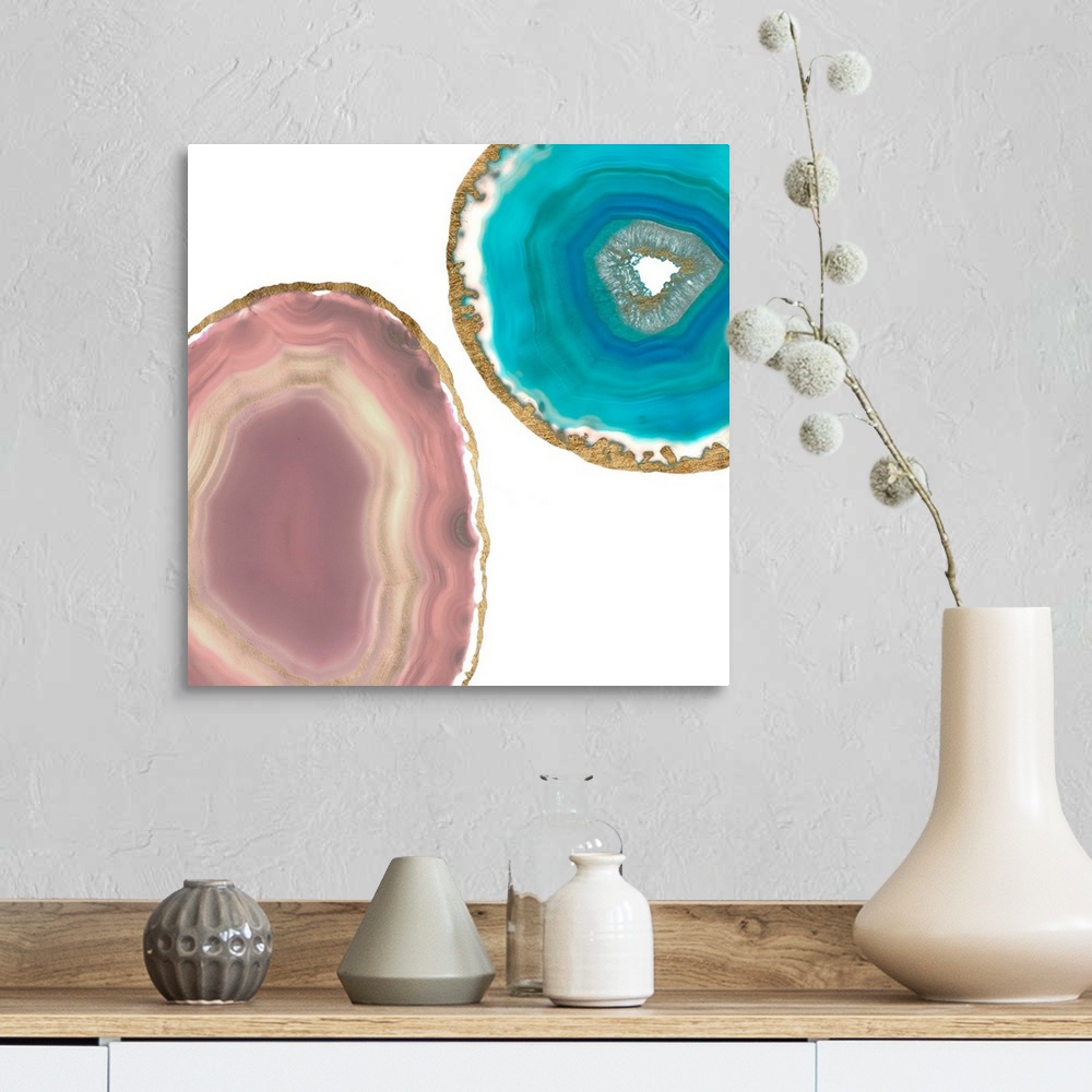 A farmhouse room featuring Decorative square art with teal and pink agate that has a metallic gold outline, on a white backg...