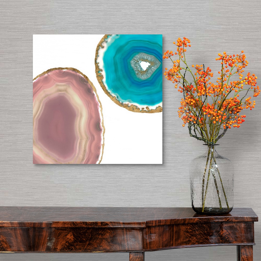 A traditional room featuring Decorative square art with teal and pink agate that has a metallic gold outline, on a white backg...