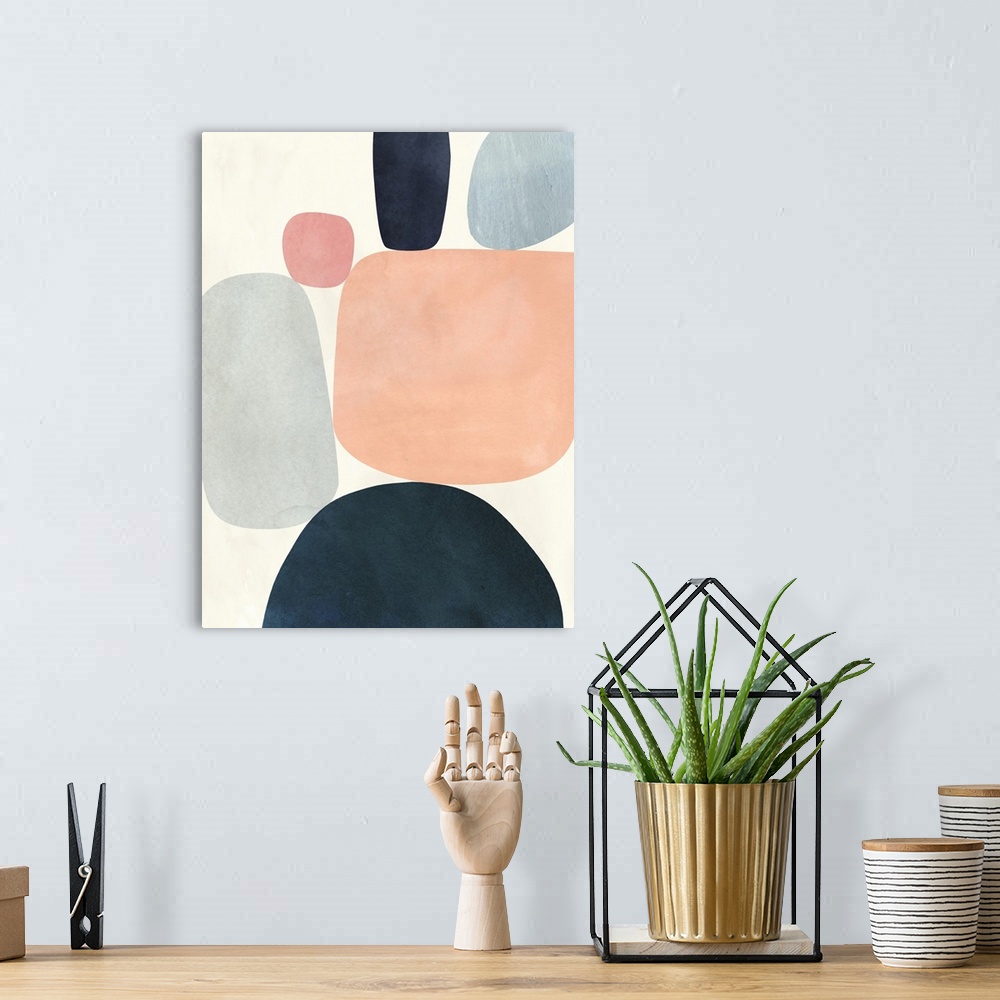 A bohemian room featuring Contemporary abstract painting with large shapes in blue and pink.