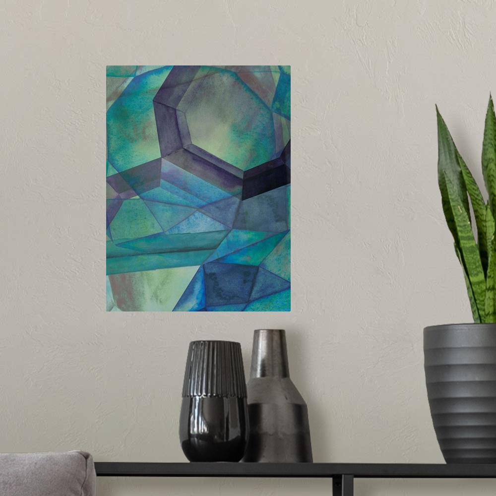 A modern room featuring Contemporary home decor artwork of geometric shapes in green sea-like tones.