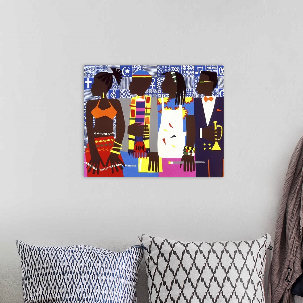 A bohemian room featuring Contemporary vibrant and colorful African artwork.