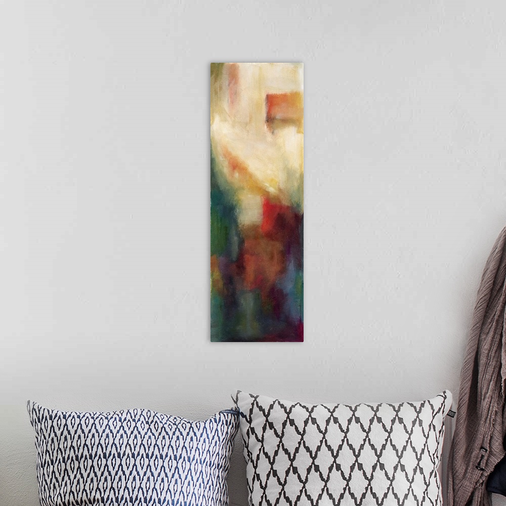 A bohemian room featuring Contemporary abstract painting using dark colors.