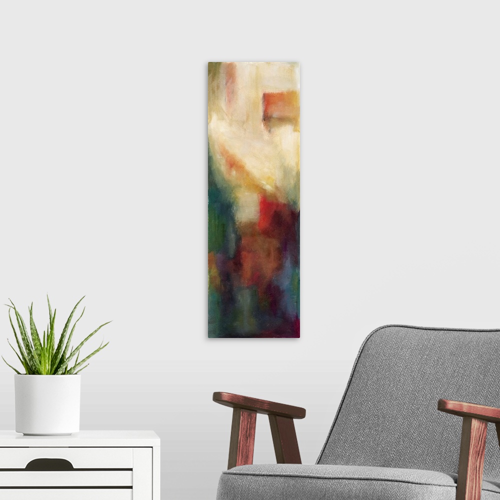 A modern room featuring Contemporary abstract painting using dark colors.