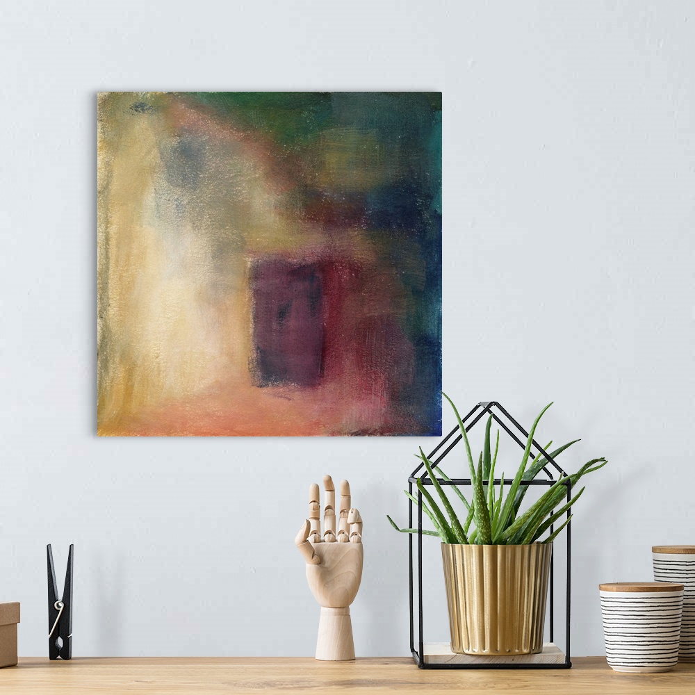 A bohemian room featuring Contemporary abstract painting using dark colors.