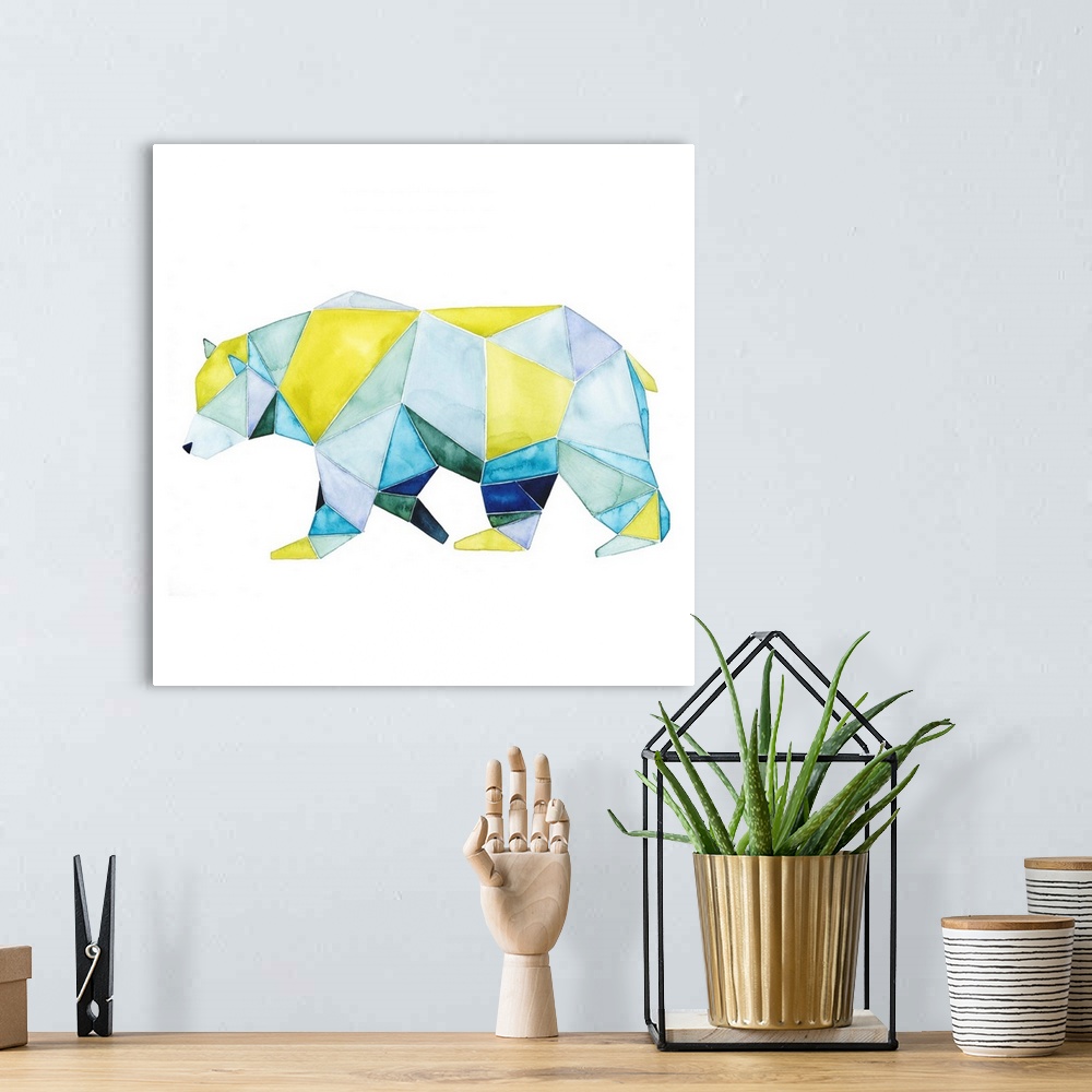 A bohemian room featuring Watercolor artwork of a bear rendered in polygonal shapes in yellow and blue.