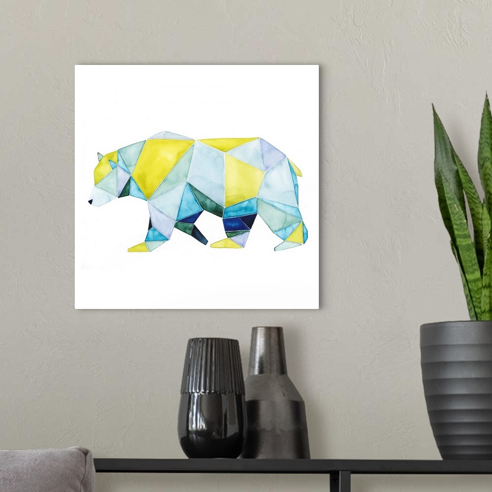 A modern room featuring Watercolor artwork of a bear rendered in polygonal shapes in yellow and blue.
