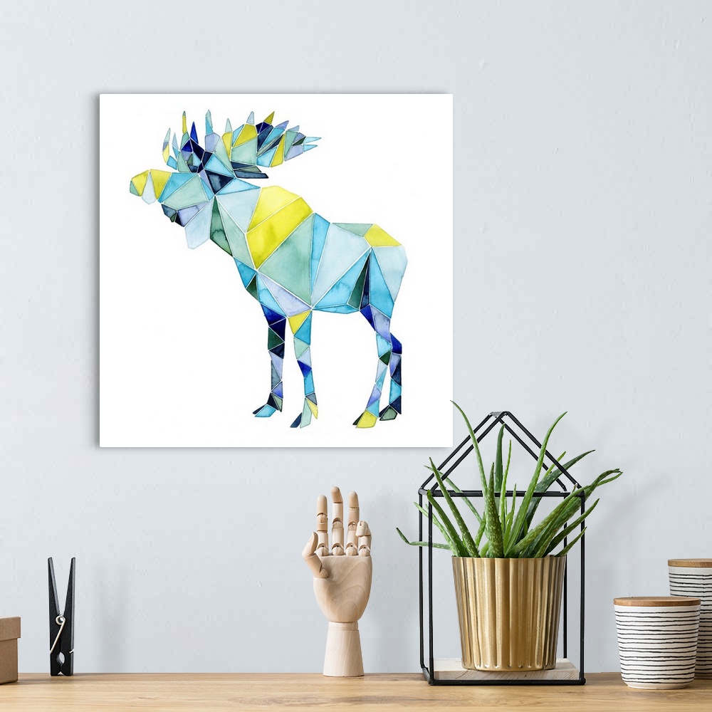 A bohemian room featuring Watercolor artwork of a moose rendered in polygonal shapes in yellow and blue.