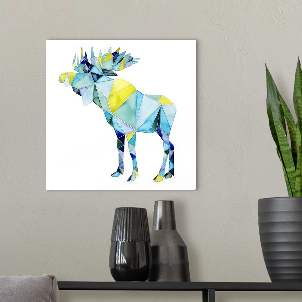 A modern room featuring Watercolor artwork of a moose rendered in polygonal shapes in yellow and blue.