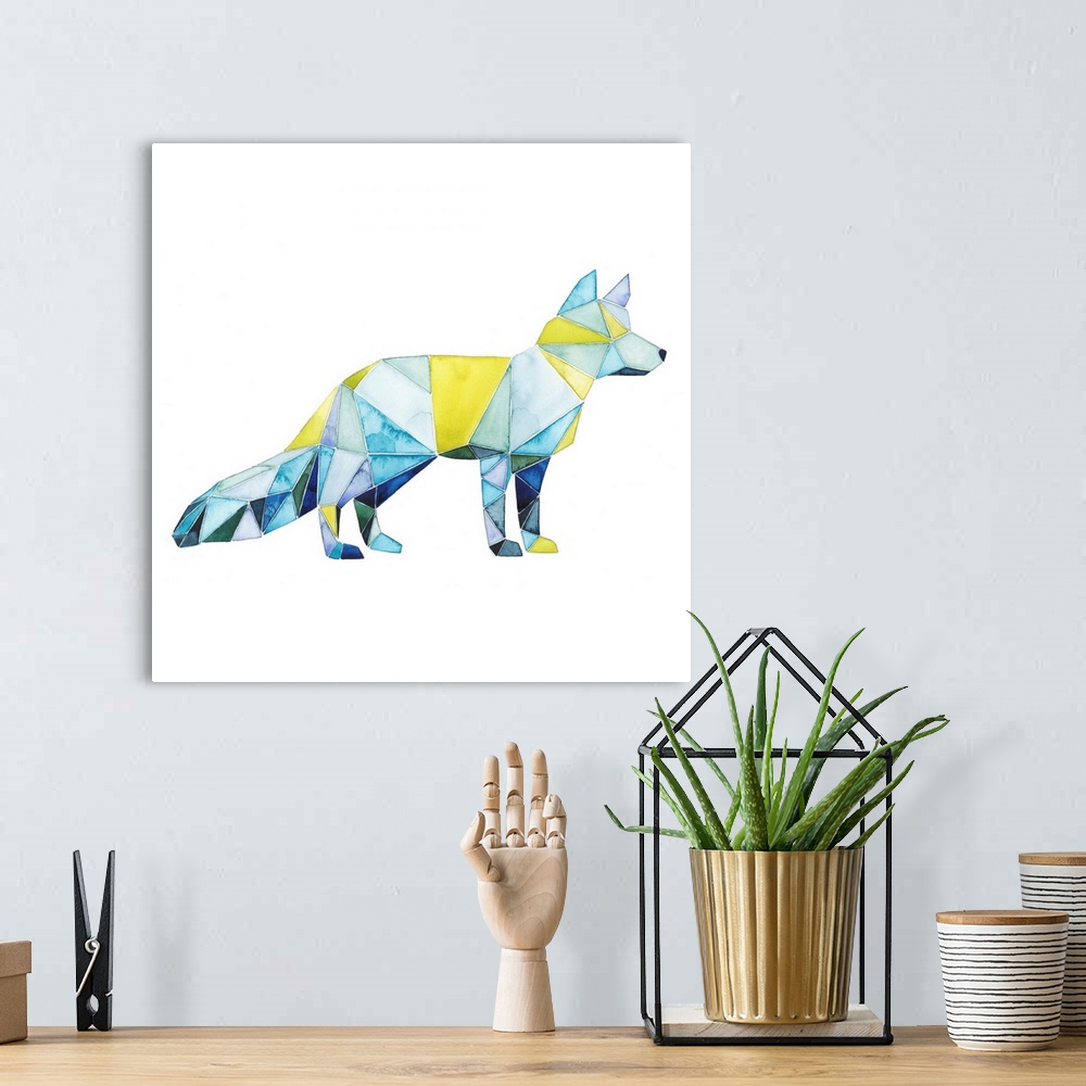 A bohemian room featuring Watercolor artwork of a fox rendered in polygonal shapes in yellow and blue.