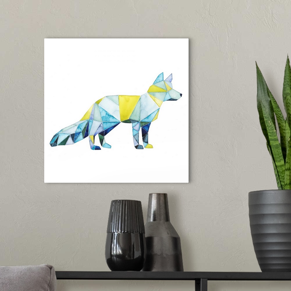 A modern room featuring Watercolor artwork of a fox rendered in polygonal shapes in yellow and blue.