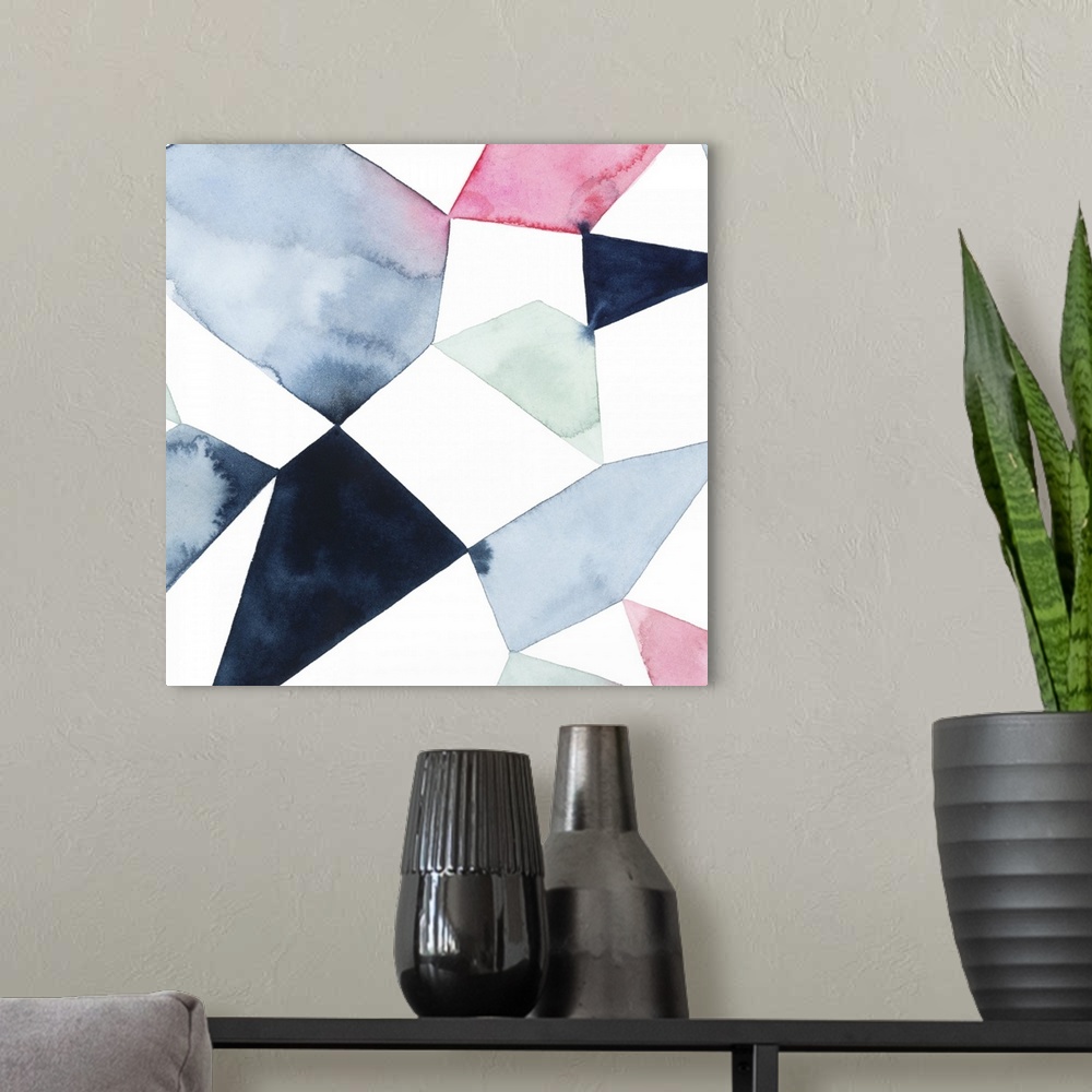 A modern room featuring Modern watercolor painting of blended colors in geometric shapes connecting on a white background.