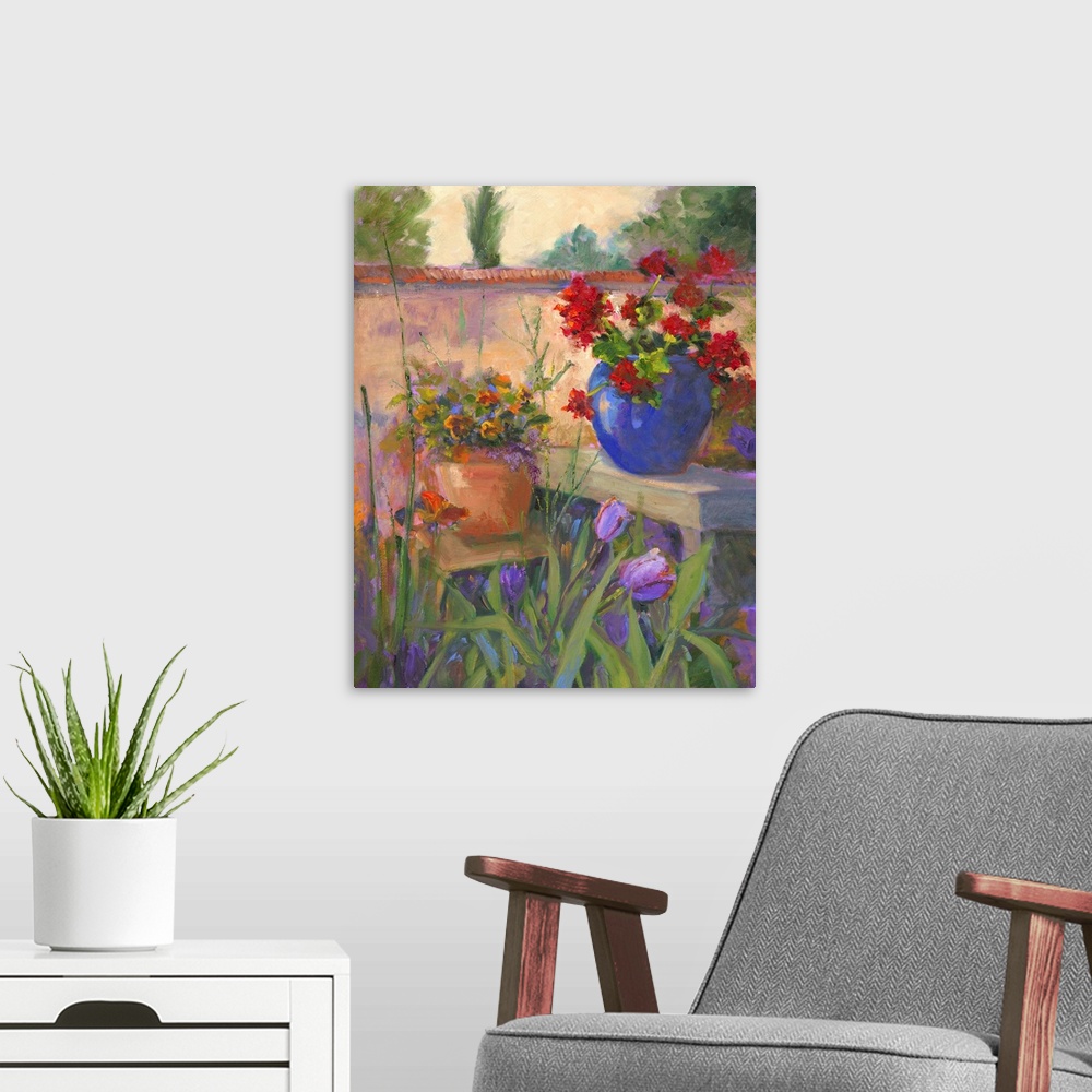 A modern room featuring Still life painting of two potted flowers on benches in a walled garden.