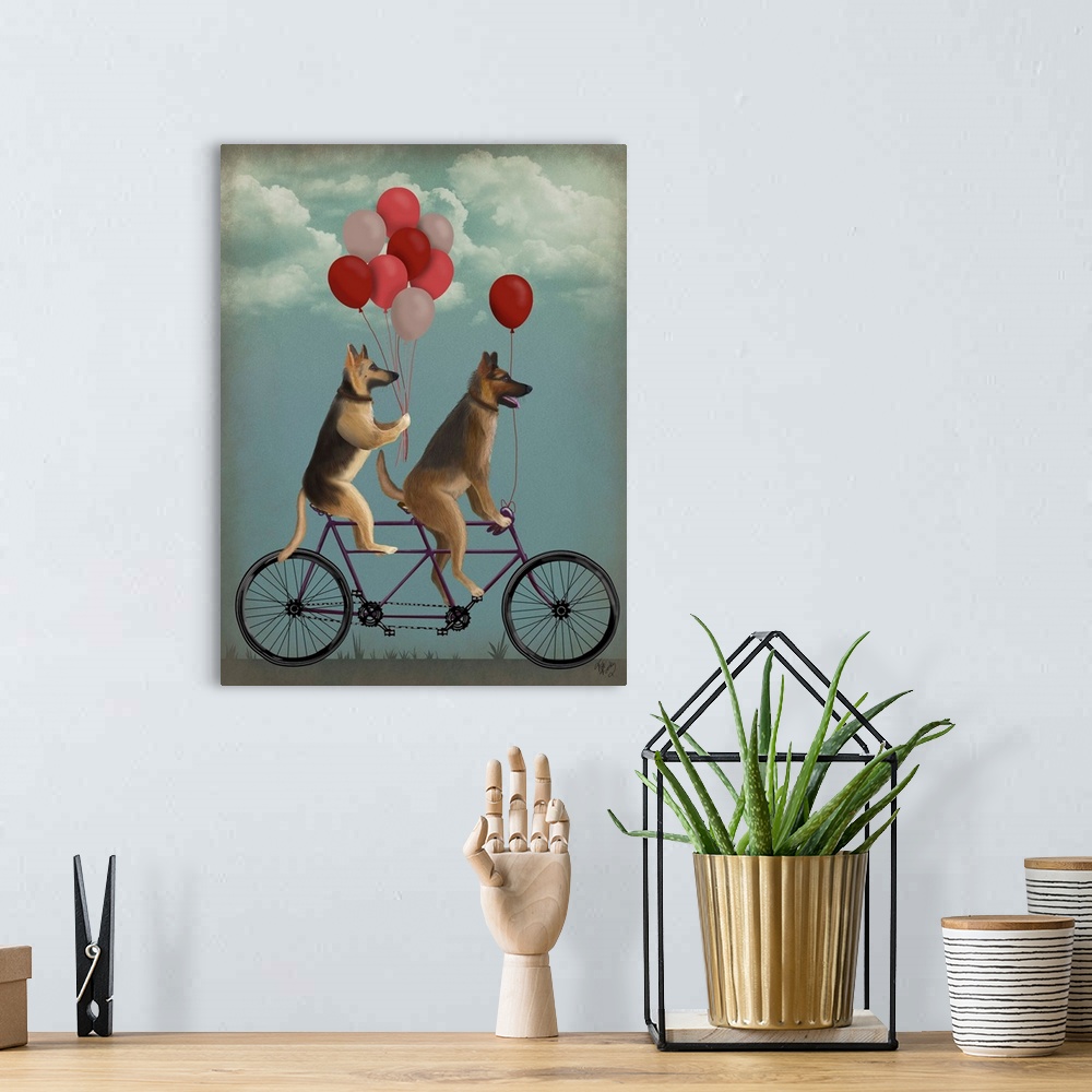 A bohemian room featuring Decorative artwork of two German Shepherds riding on a purple tandem bicycle with red, pink, and ...