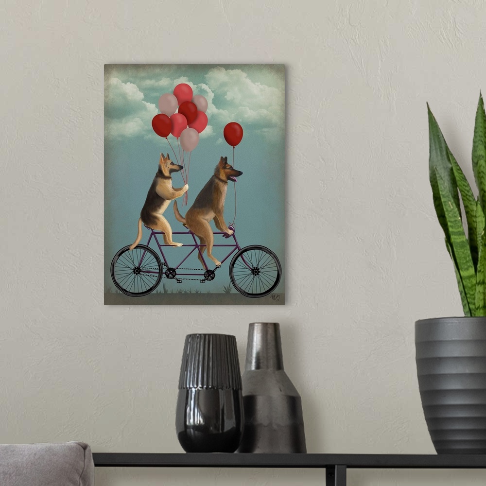 A modern room featuring Decorative artwork of two German Shepherds riding on a purple tandem bicycle with red, pink, and ...