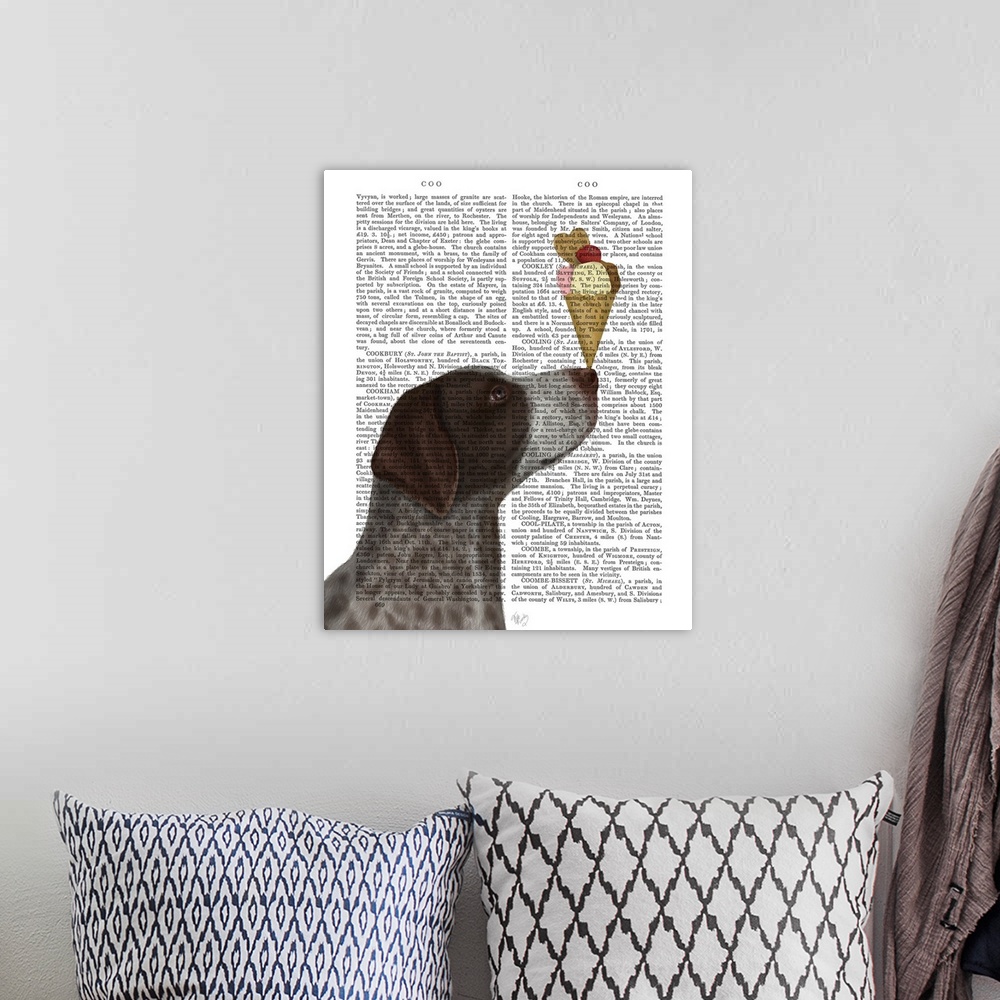 A bohemian room featuring Decorative artwork of a German Shorthaired Pointer balancing an ice cream cone on its nose, paint...