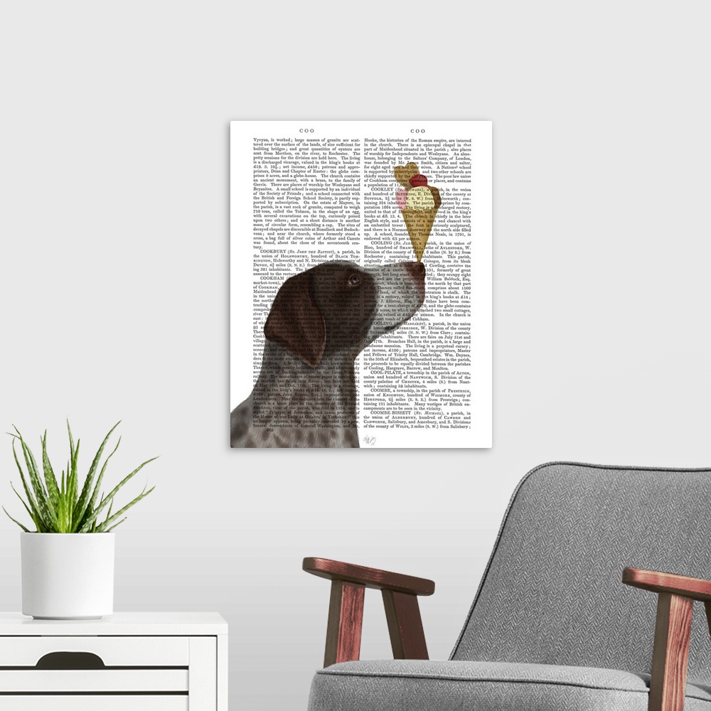 A modern room featuring Decorative artwork of a German Shorthaired Pointer balancing an ice cream cone on its nose, paint...