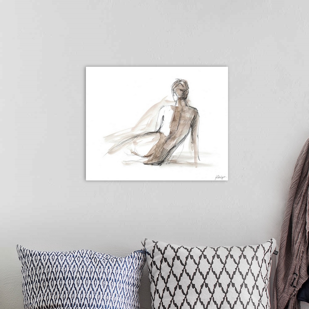 A bohemian room featuring Contemporary artwork of a nude female figurative study.