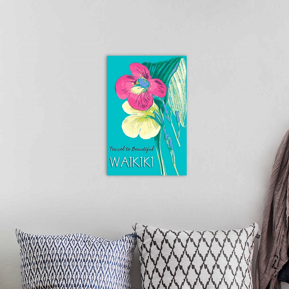 A bohemian room featuring Bright contemporary floral painting with text, "Travel to beautiful Waikiki."