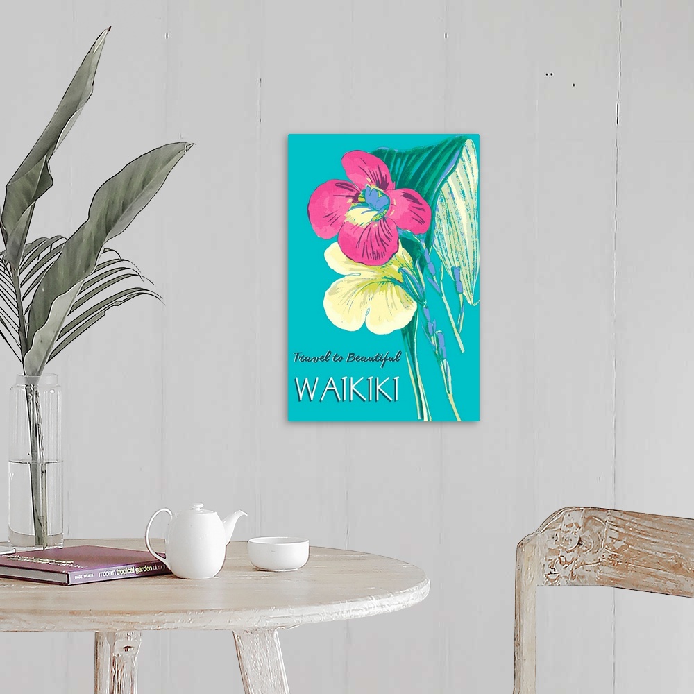 A farmhouse room featuring Bright contemporary floral painting with text, "Travel to beautiful Waikiki."