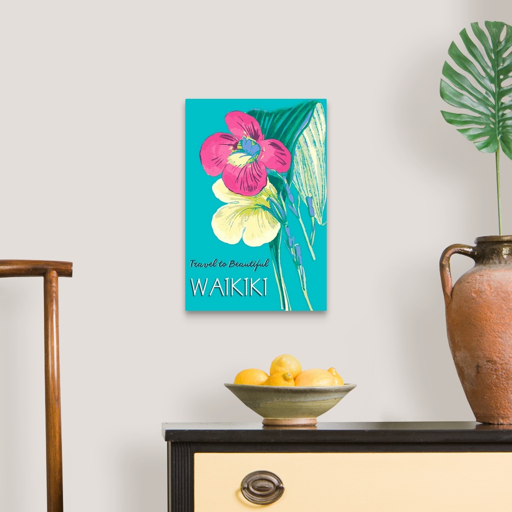 A traditional room featuring Bright contemporary floral painting with text, "Travel to beautiful Waikiki."