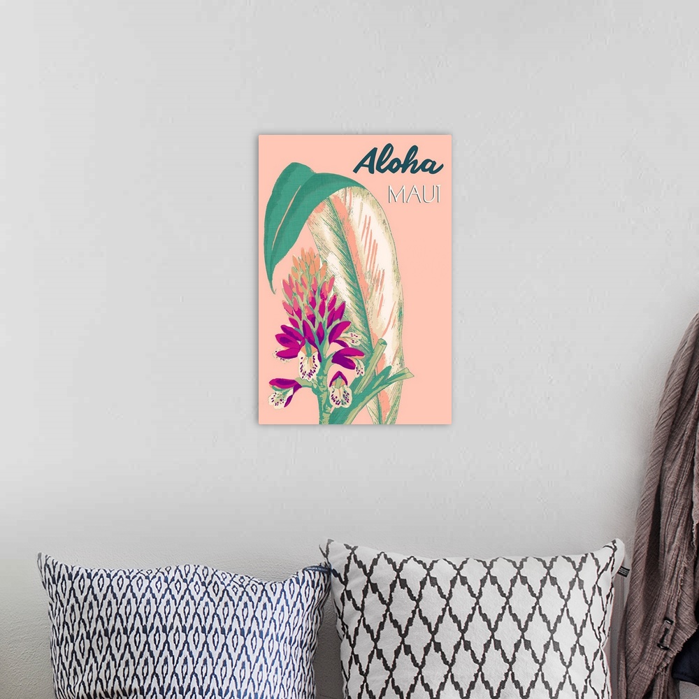 A bohemian room featuring Bright contemporary floral painting with text, "Aloha Maui."