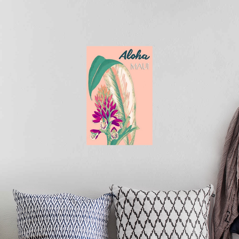 A bohemian room featuring Bright contemporary floral painting with text, "Aloha Maui."