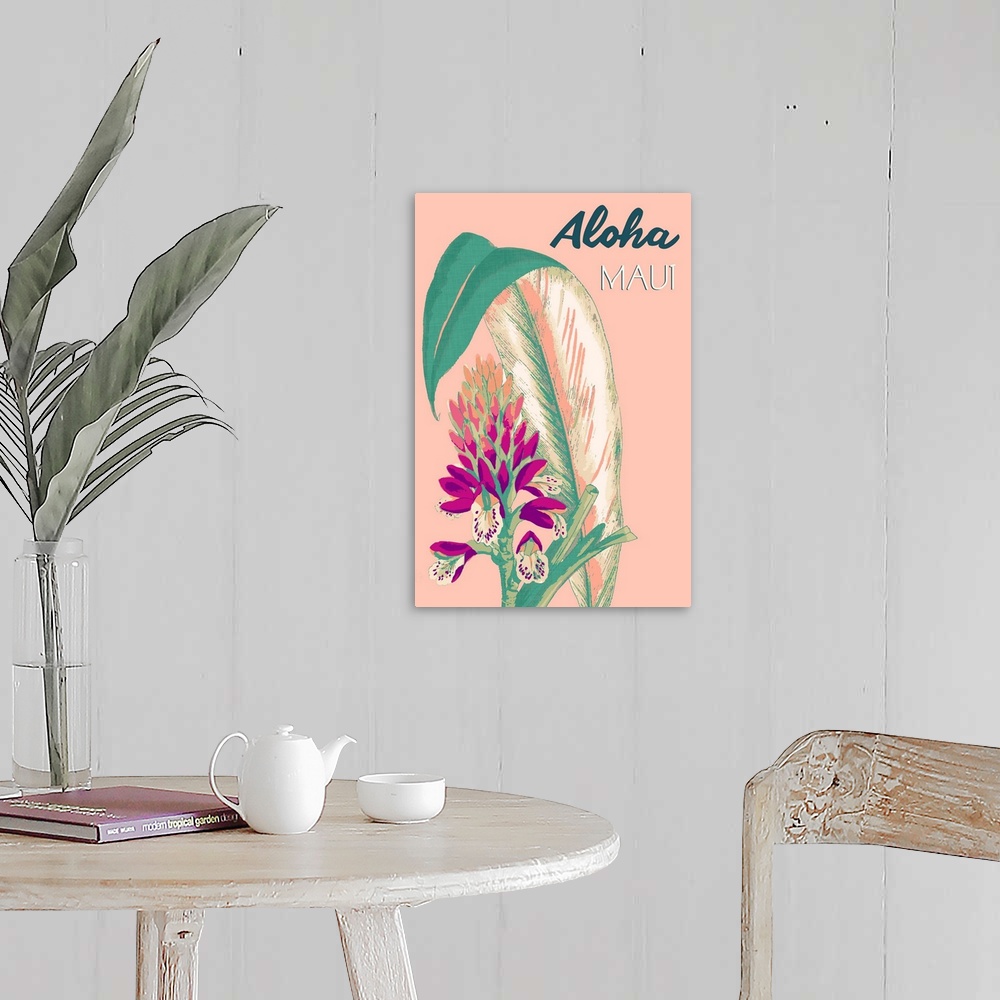 A farmhouse room featuring Bright contemporary floral painting with text, "Aloha Maui."