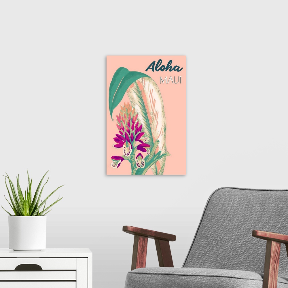 A modern room featuring Bright contemporary floral painting with text, "Aloha Maui."