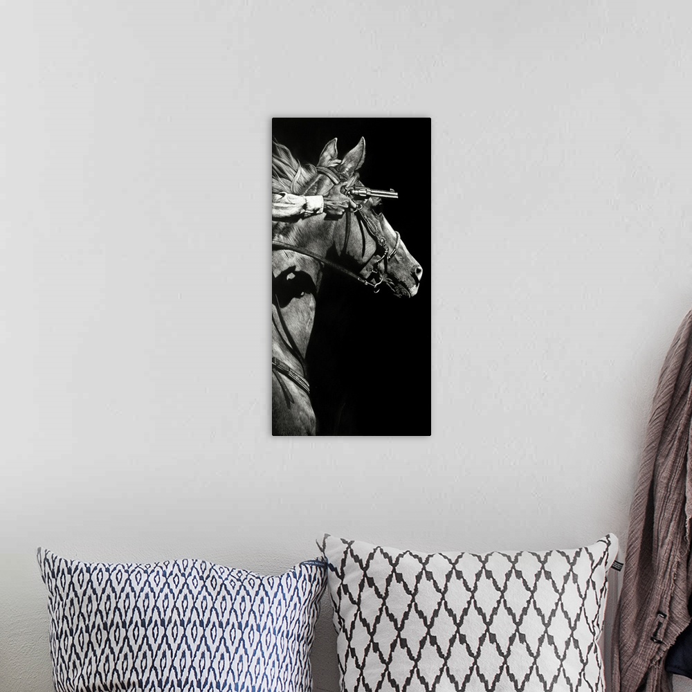 A bohemian room featuring Black and white realistic sketch of a cowboy pointing a gun on horseback.