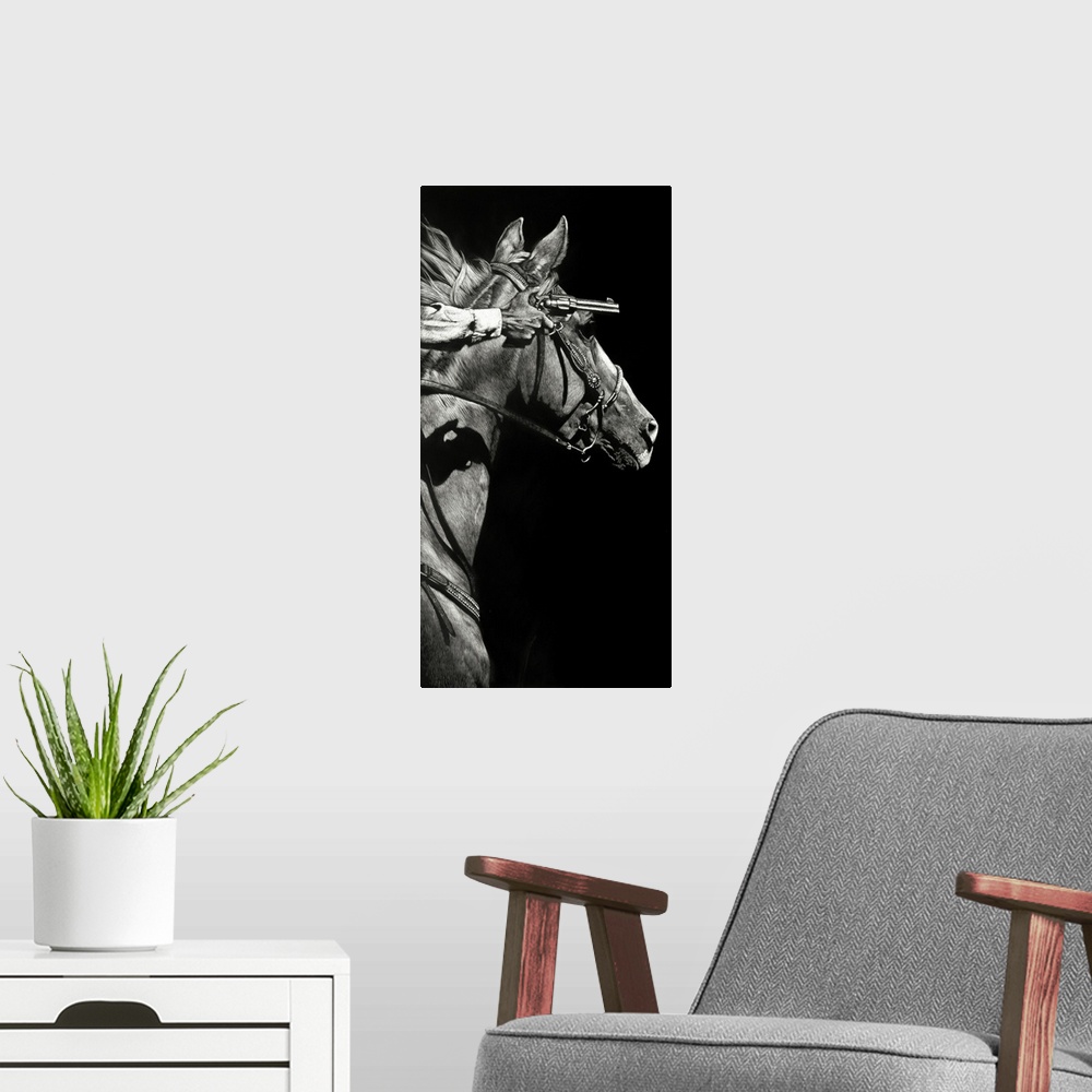 A modern room featuring Black and white realistic sketch of a cowboy pointing a gun on horseback.