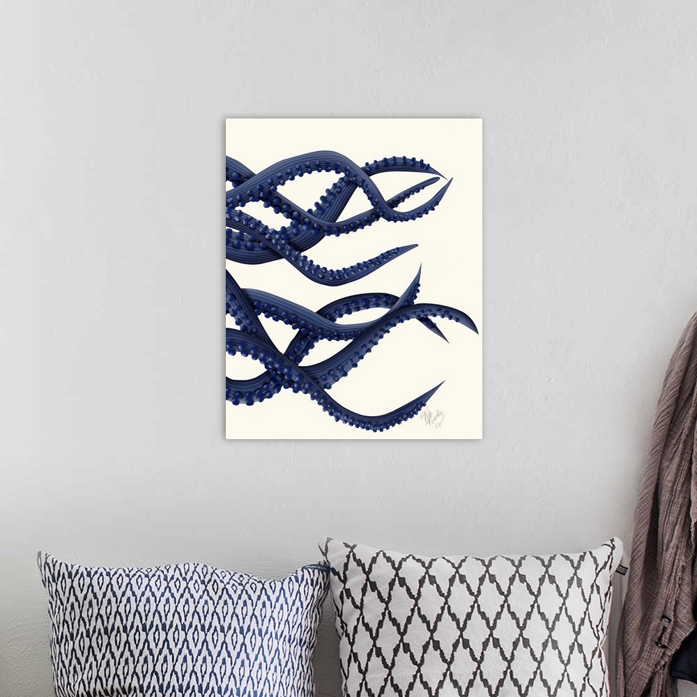 A bohemian room featuring Giant Octopus Blue Triptych c