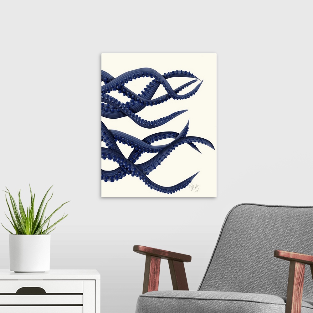 A modern room featuring Giant Octopus Blue Triptych c