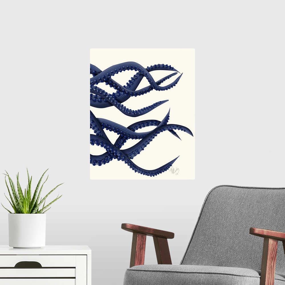 A modern room featuring Giant Octopus Blue Triptych c