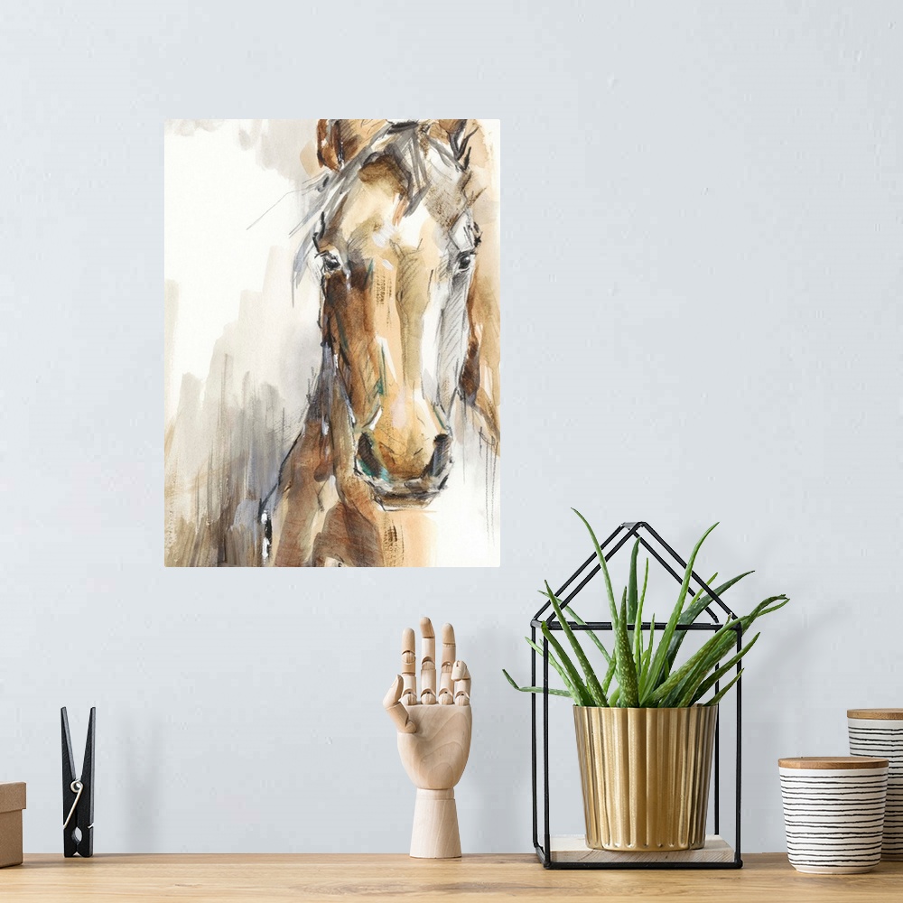 A bohemian room featuring Beautiful artwork of a tan horse in a loose, sketchy, watercolor style. This elegant image would ...