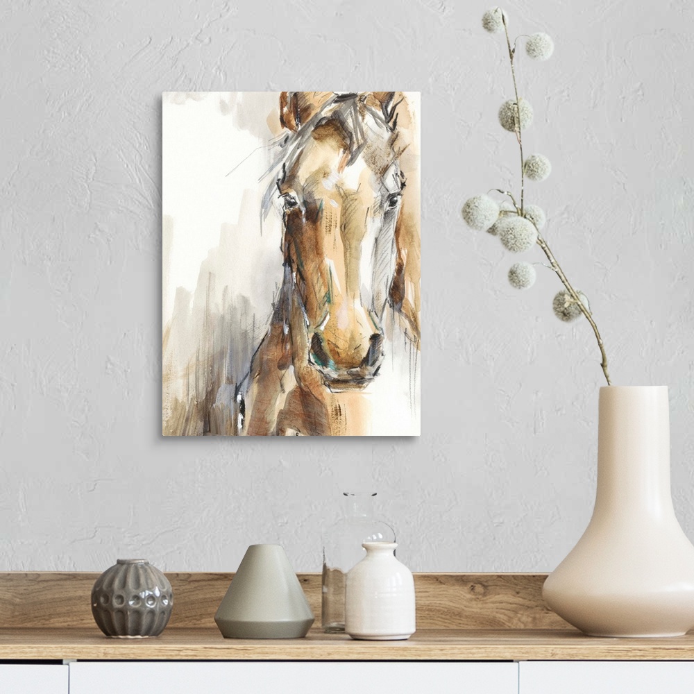 A farmhouse room featuring Beautiful artwork of a tan horse in a loose, sketchy, watercolor style. This elegant image would ...