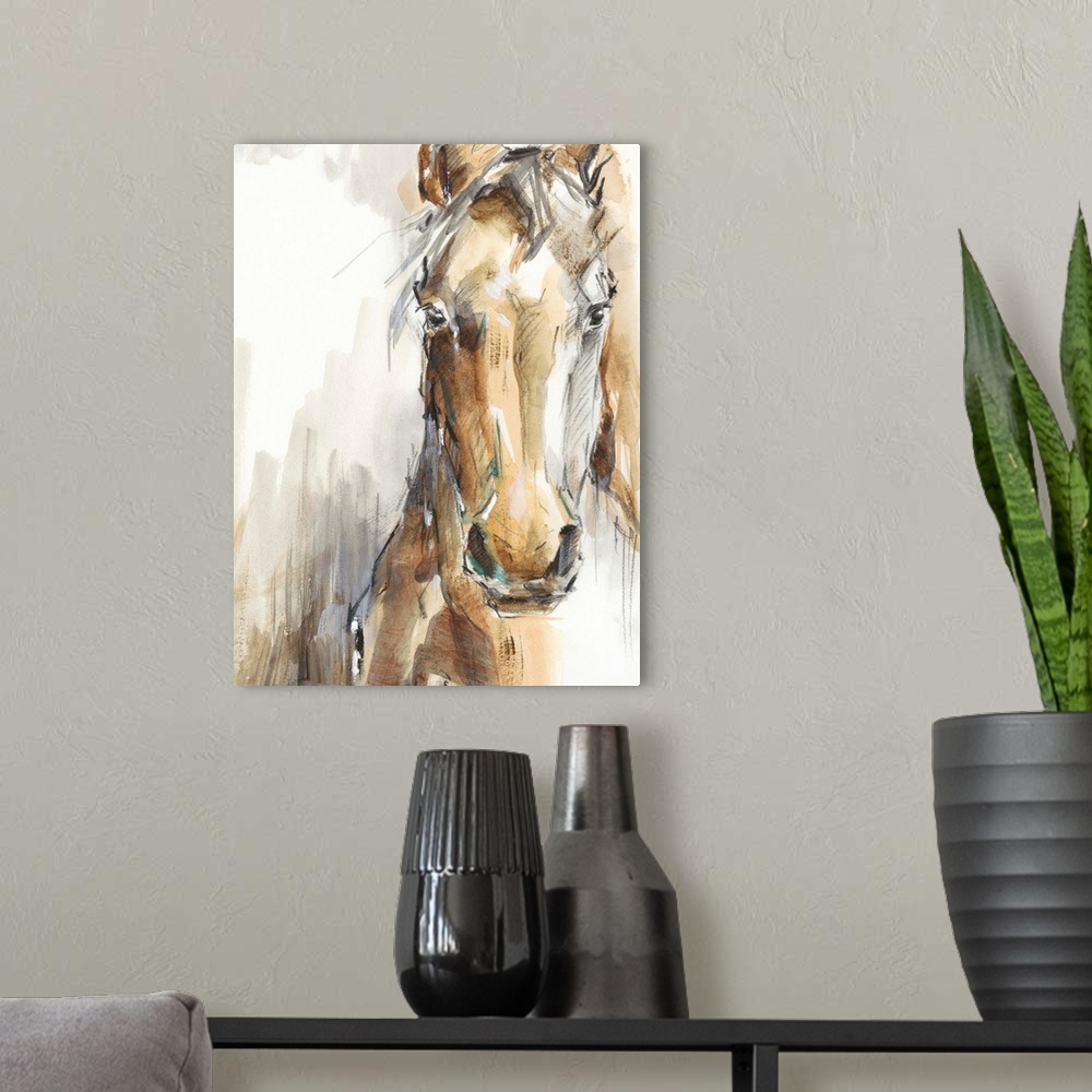 A modern room featuring Beautiful artwork of a tan horse in a loose, sketchy, watercolor style. This elegant image would ...