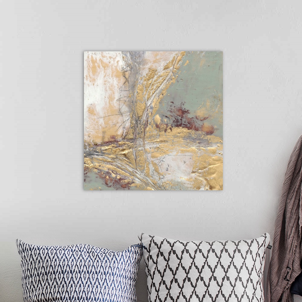 A bohemian room featuring Contemporary abstract painting with gold and grey.