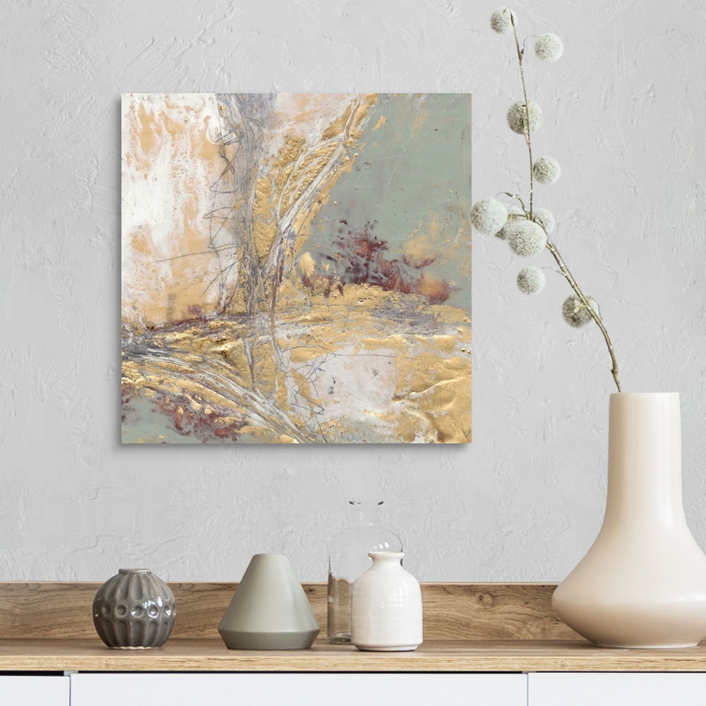 A farmhouse room featuring Contemporary abstract painting with gold and grey.
